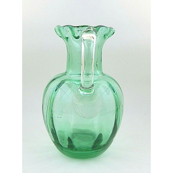 Art Glass Green Hand Blown Glass Small Pitcher Vase Ruffle Top - Picture 2 of 8